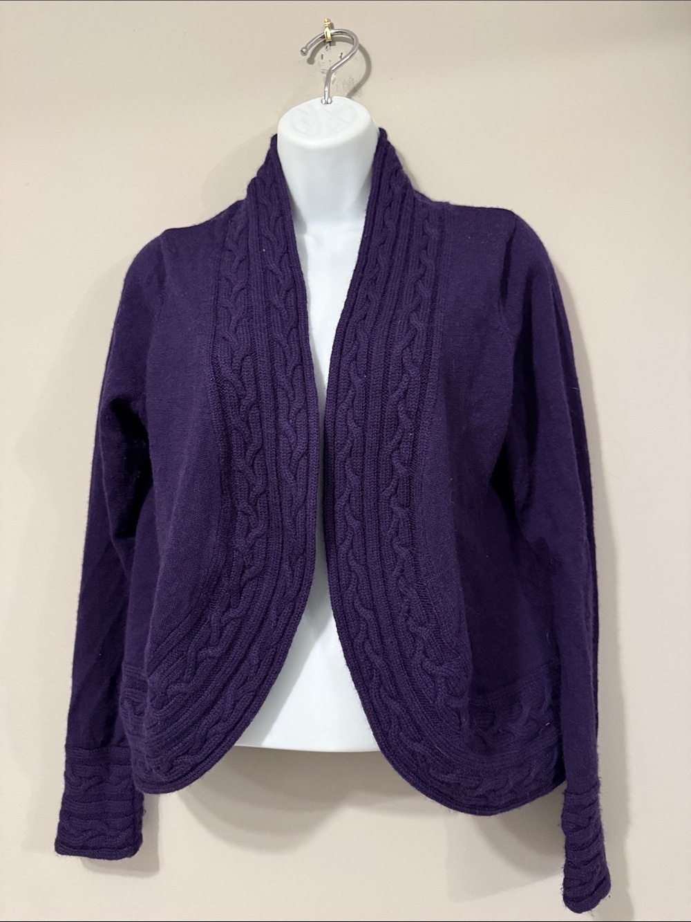 Marina Luna Deep Purple 100% Merino Wool Cable-Front Open Cardigan